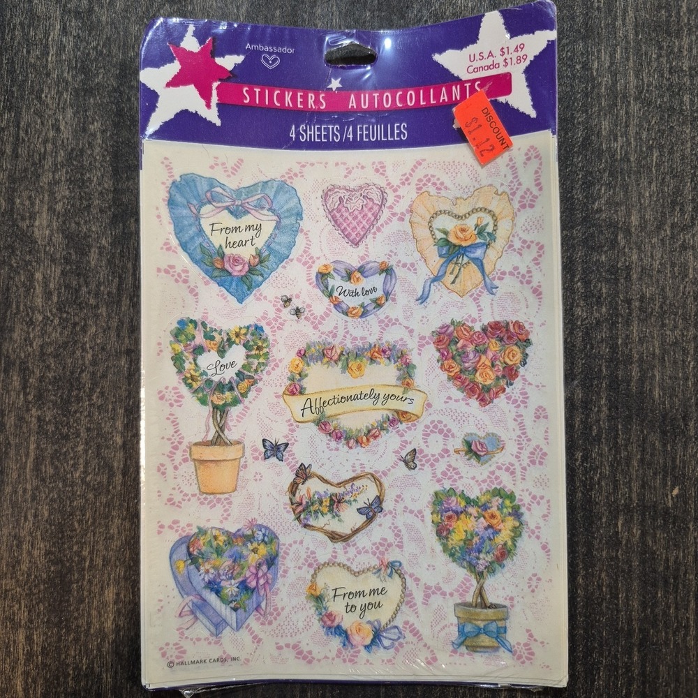 Vintage Hallmark Ambassador Stickers Floral Hearts 4 Sheets NOS